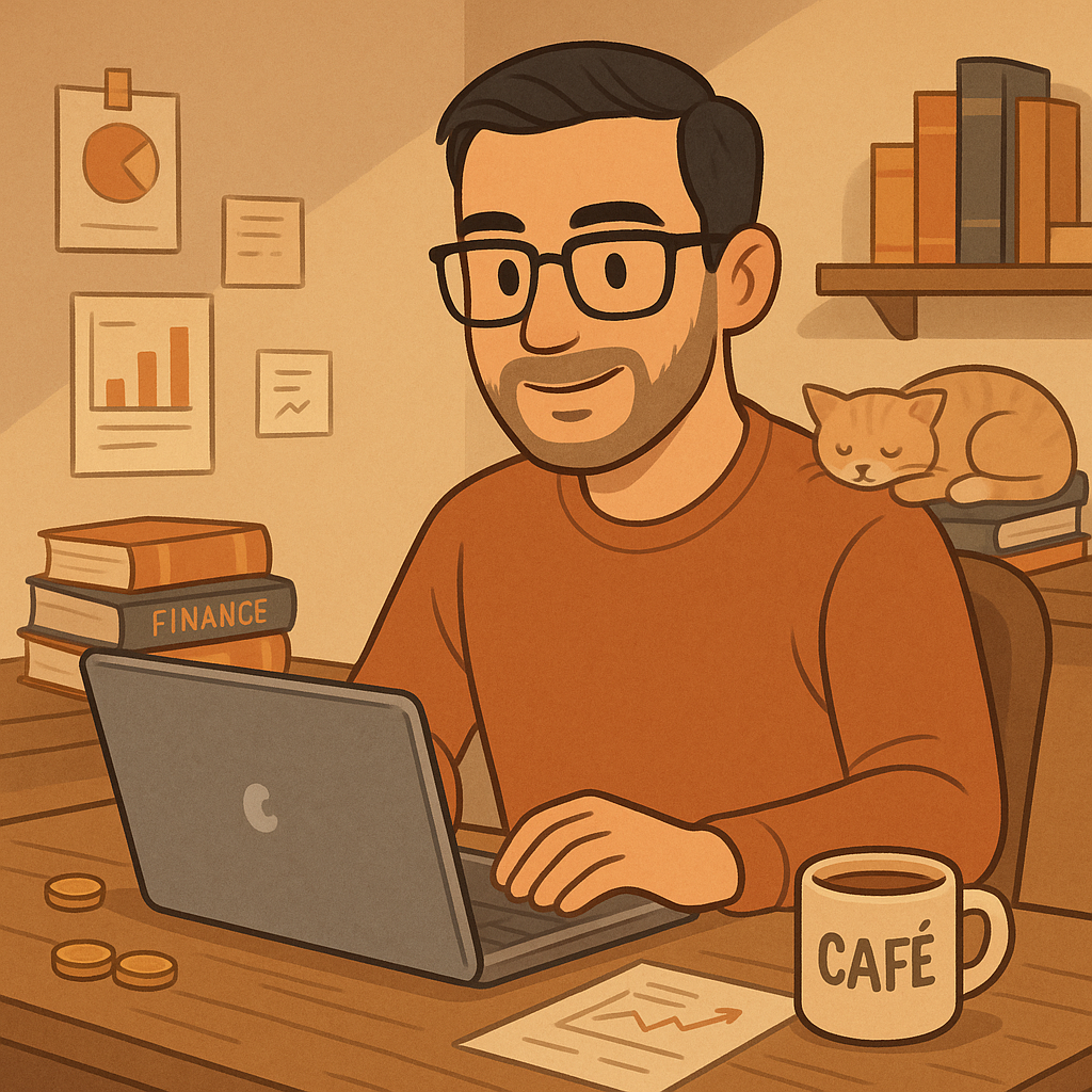 Describe a Dionisio trabajando en su escritorio con sus compañeros gatunos, mientras analiza los mercados financieros.